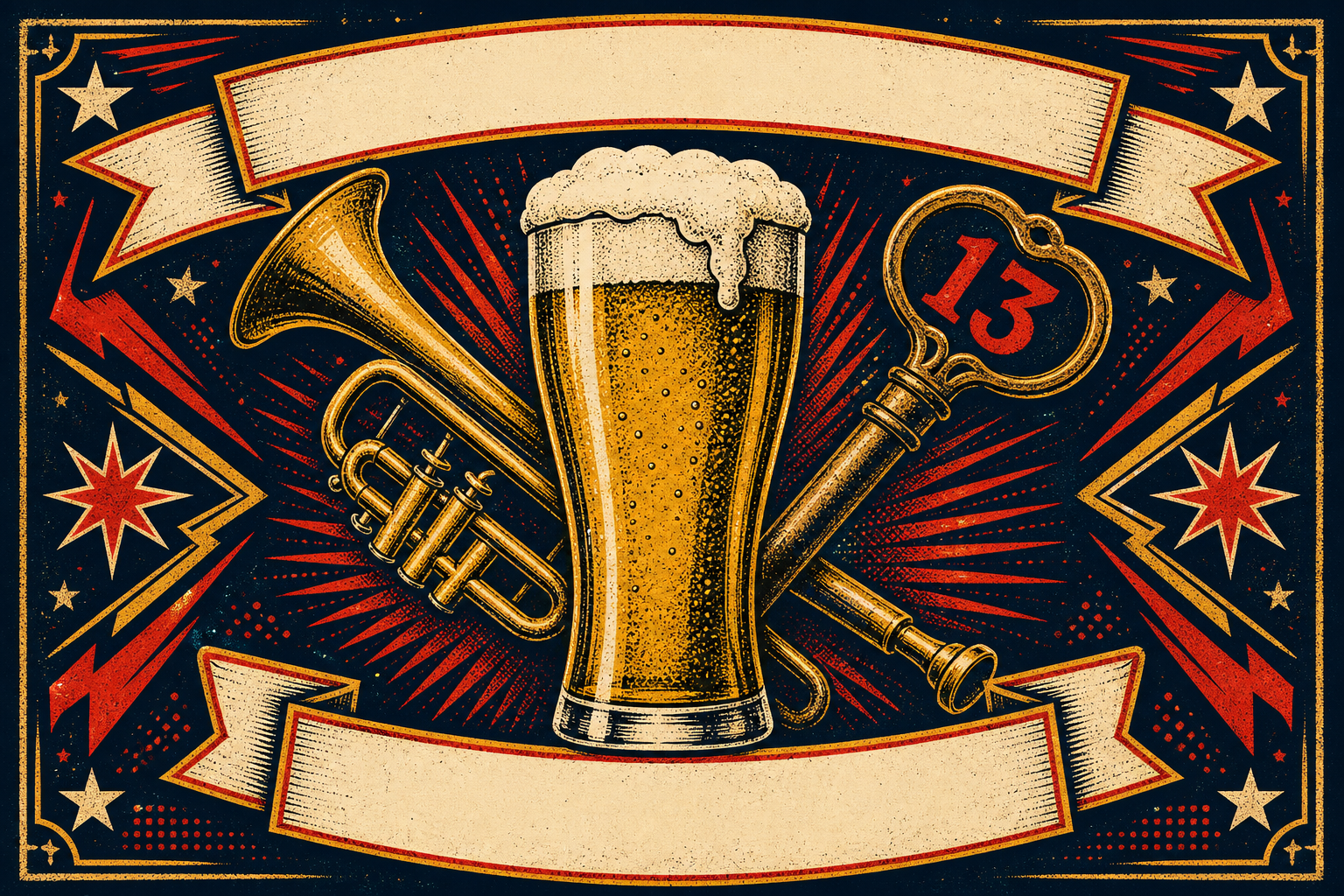 Bieretiket-poster van D.O.M. Blond met een schuimend glas bier, een trompet en sleutel 13.