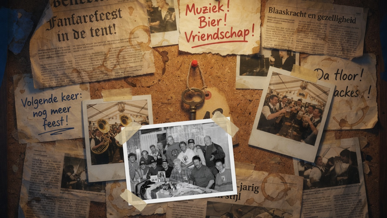 Plakboek vol krantenknipsels, polaroids van blazers, een vinylsingle, de oude bus en een grote sleutel met nummer 13.